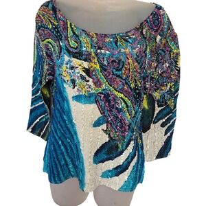 Y2K 90s CRUSH Crinkle Knit Abstract Print 3/4 Sleeve Top Women's Multicolored